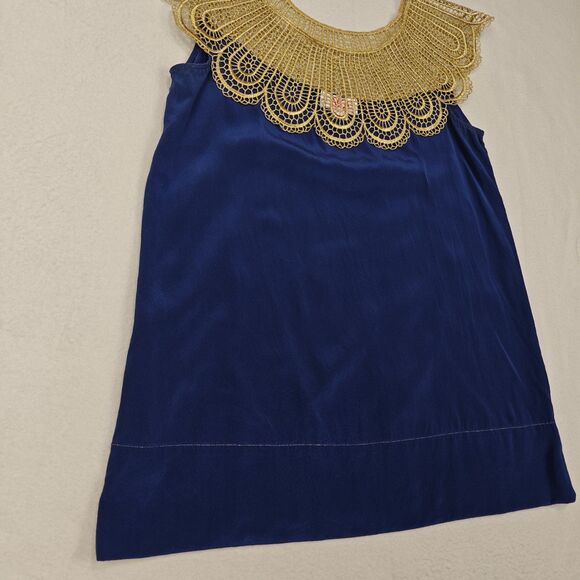 AKA New York Gold Lace Collar Blue Silk Blouse Size S Ornate Statement Regency - Picture 4 of 14